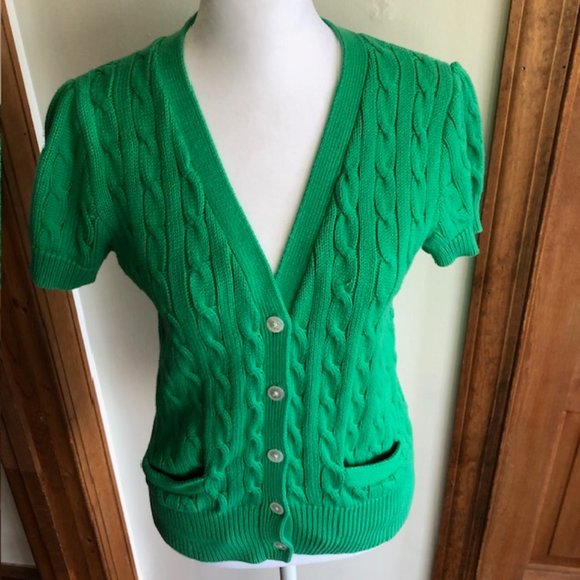 RALPH LAUREN Green Cable Short Sleeve Button Front V Neck Cotton Sweater… - Picture 9 of 17